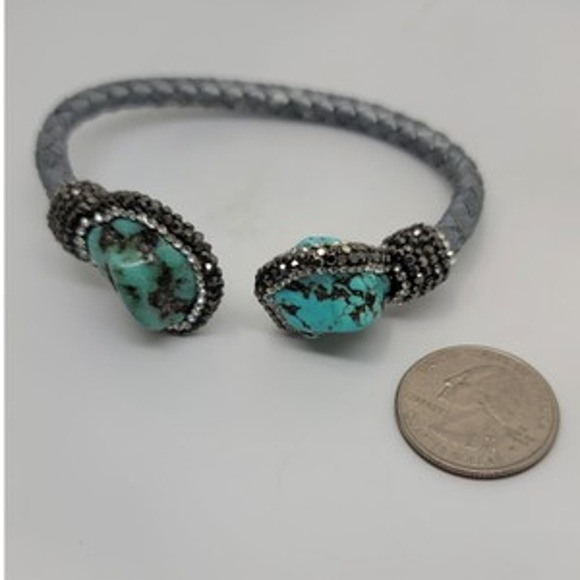 Turquoise & Round Crystal Woven Silver Cord Cuff - Picture 6 of 10